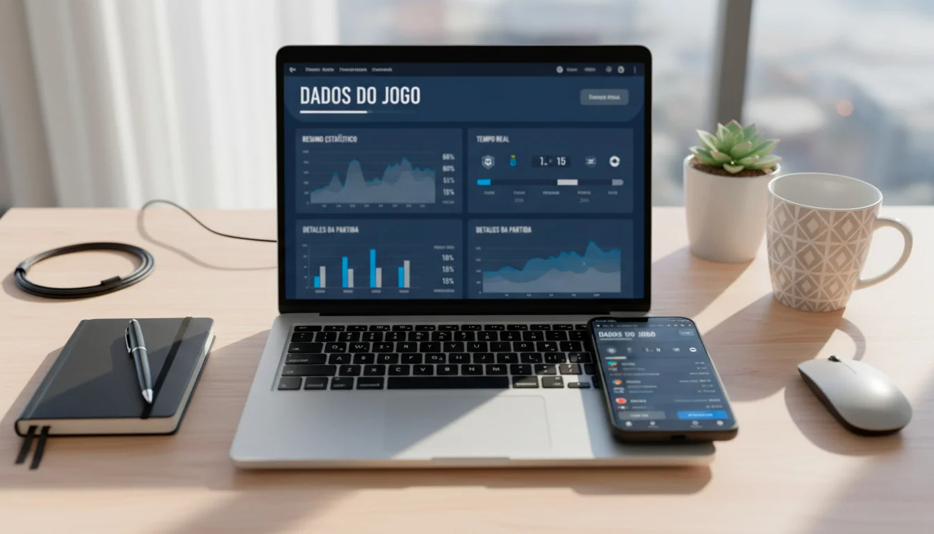 Secretária com portátil e smartphone mostrando dados de jogos