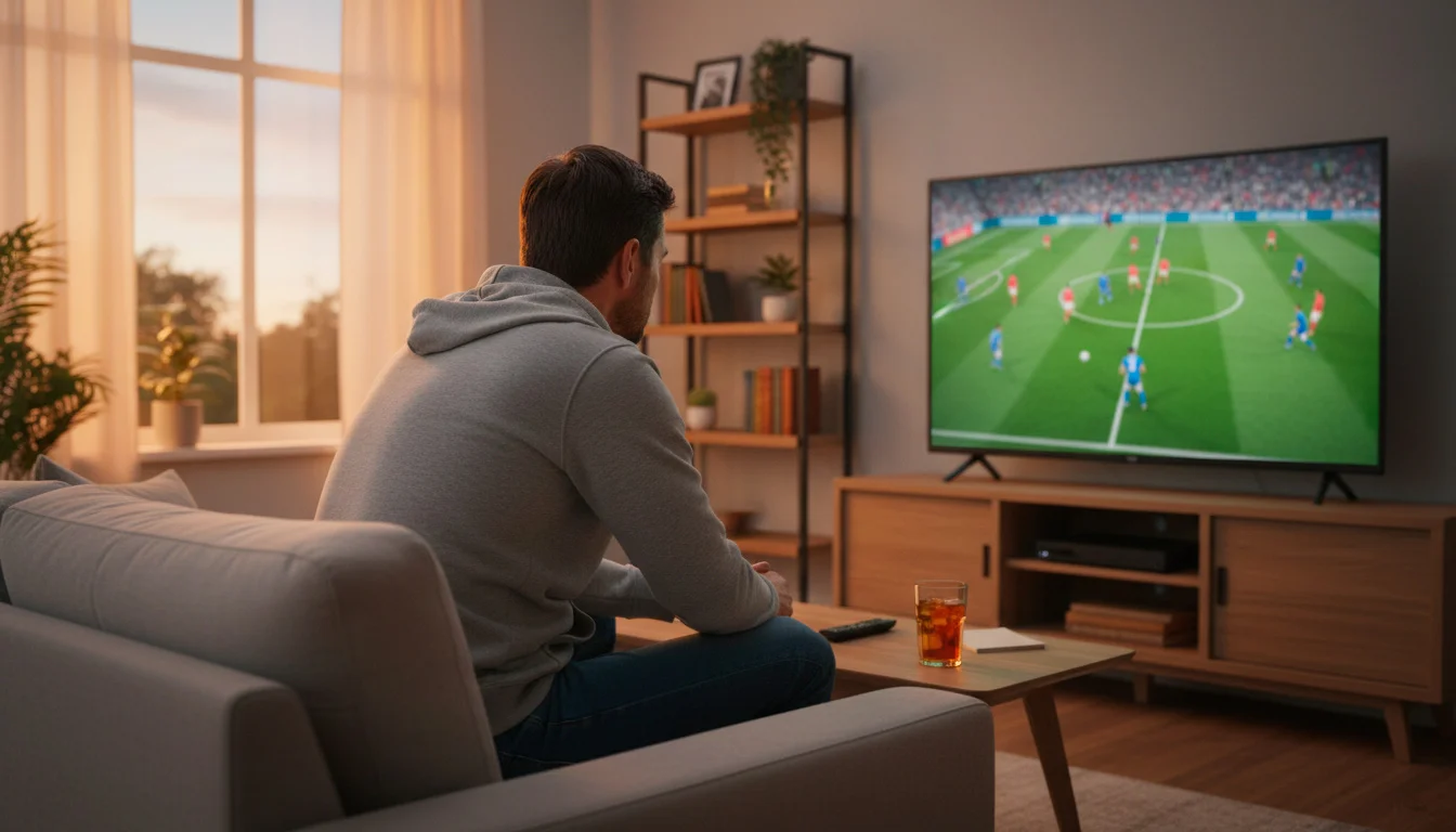 Pessoa concentrada a ver um jogo de futebol na televisão