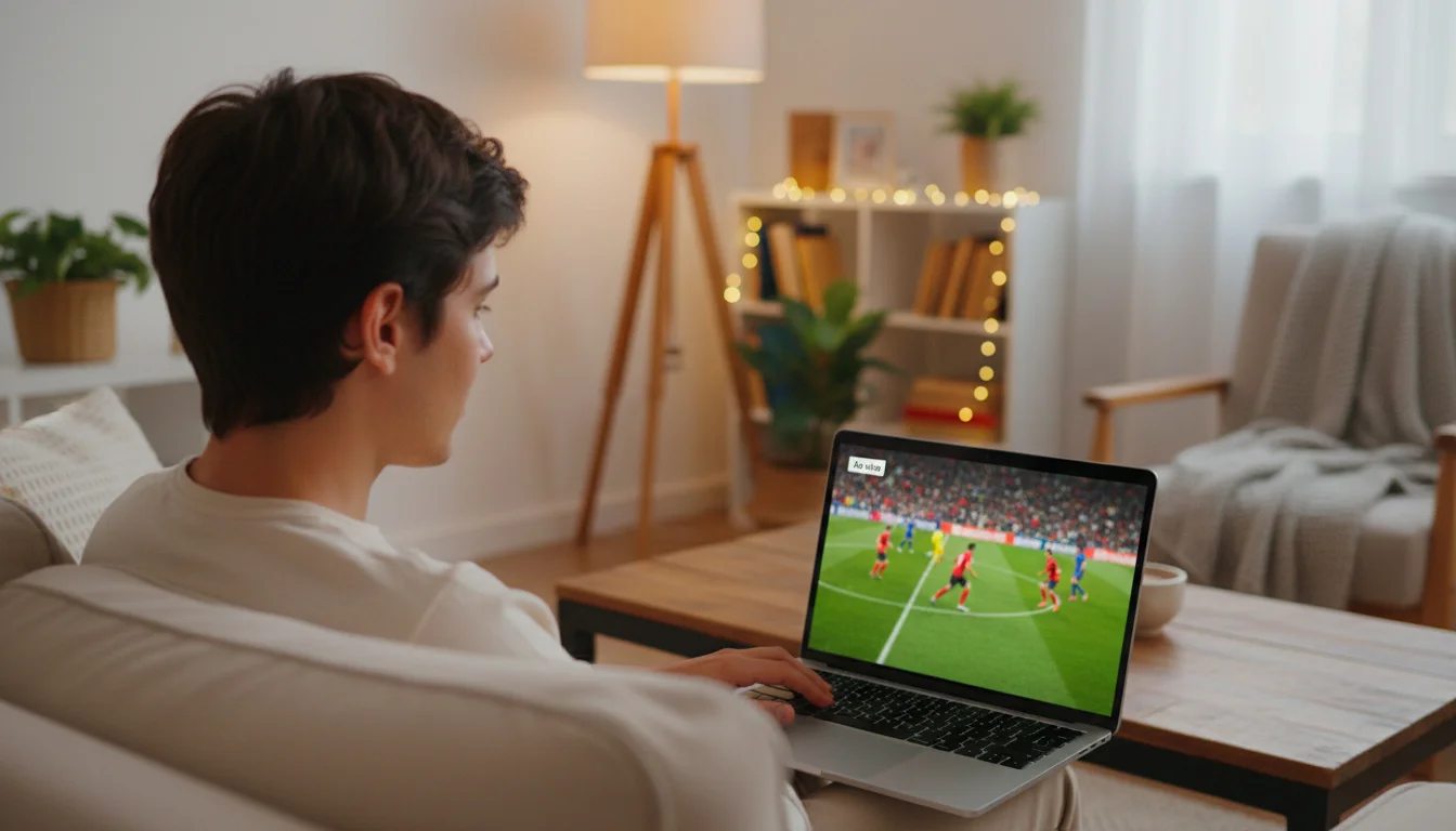 Pessoa a ver um jogo de futebol em streaming num portátil