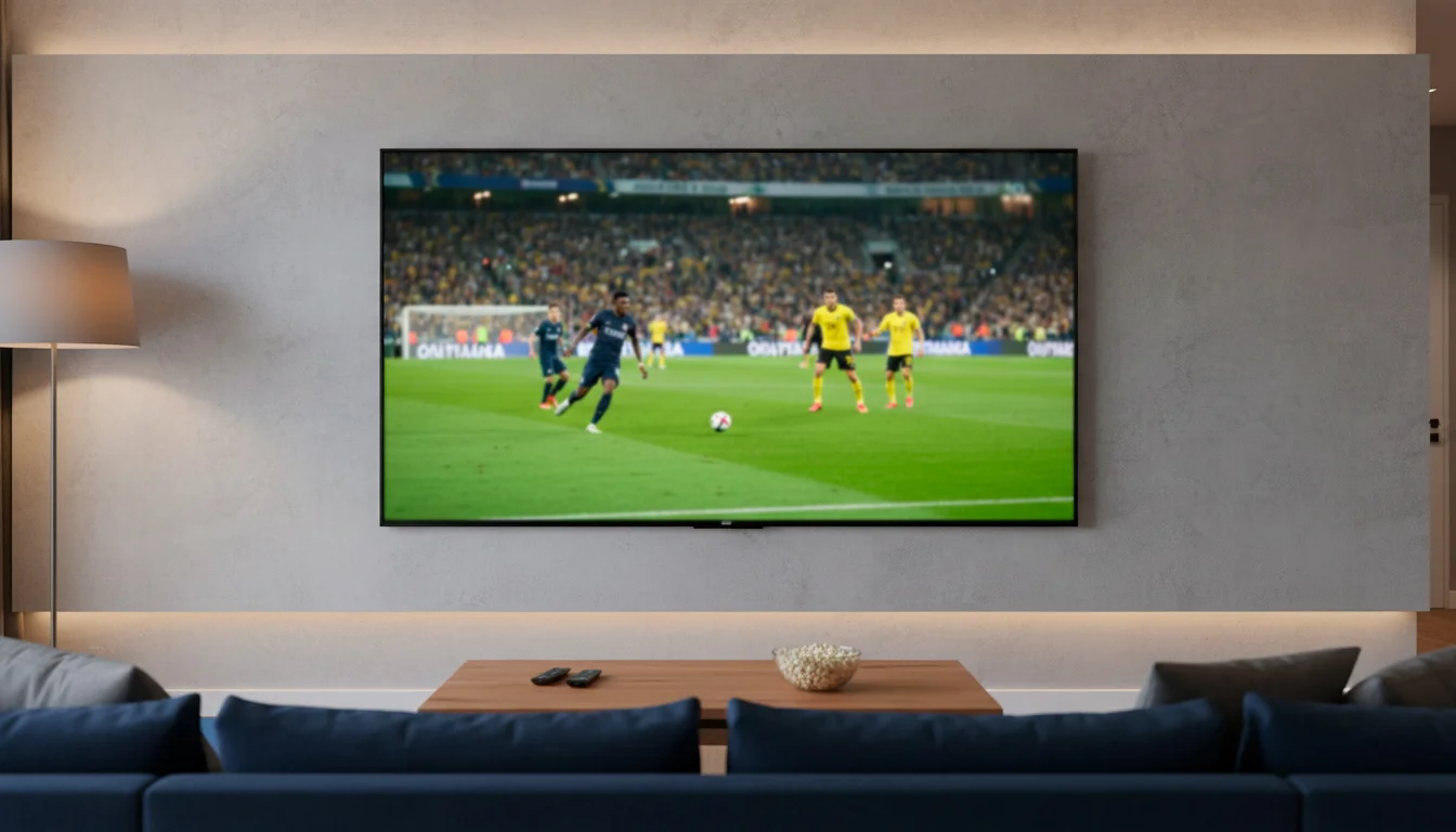 Ecrã de televisão mostrando um jogo de futebol com adeptos visíveis