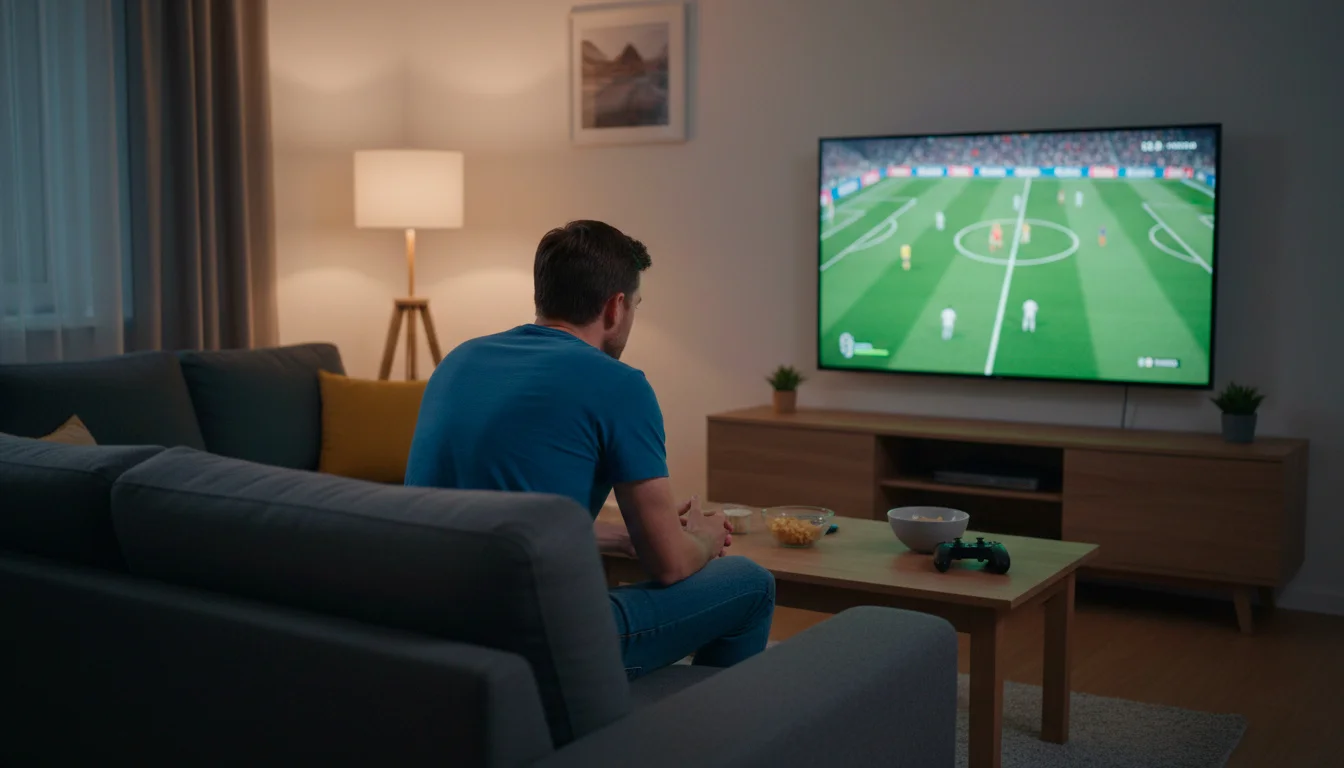 Pessoa a ver um jogo de futebol com expressão tensa