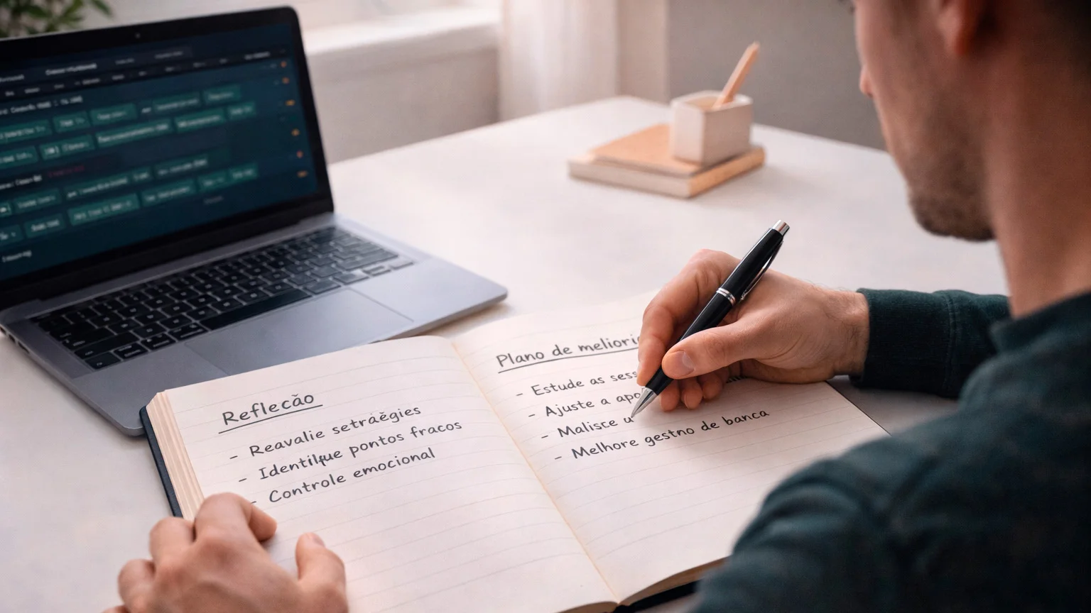 Pessoa calma a tomar notas num caderno junto a um computador