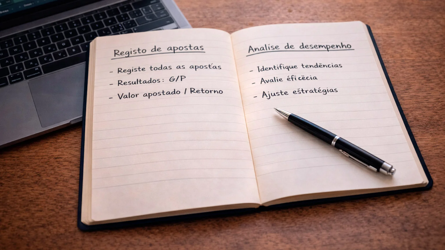 Caderno aberto com anotações e caneta ao lado de um portátil
