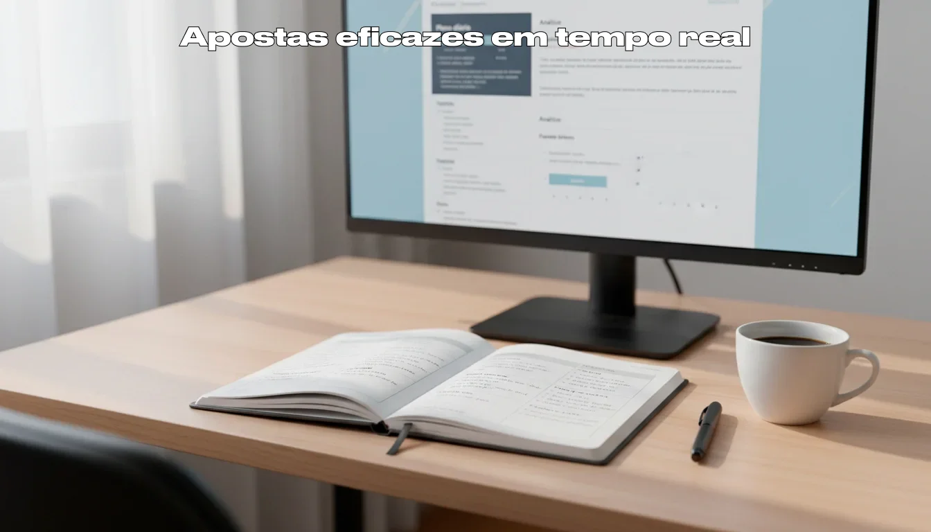 Secretária organizada com computador, caderno e chávena de café