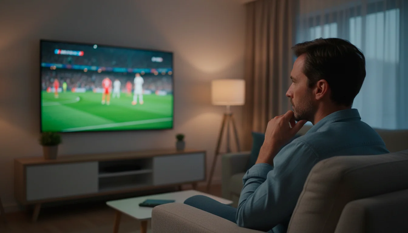 Pessoa atenta a ver um jogo de futebol na televisão