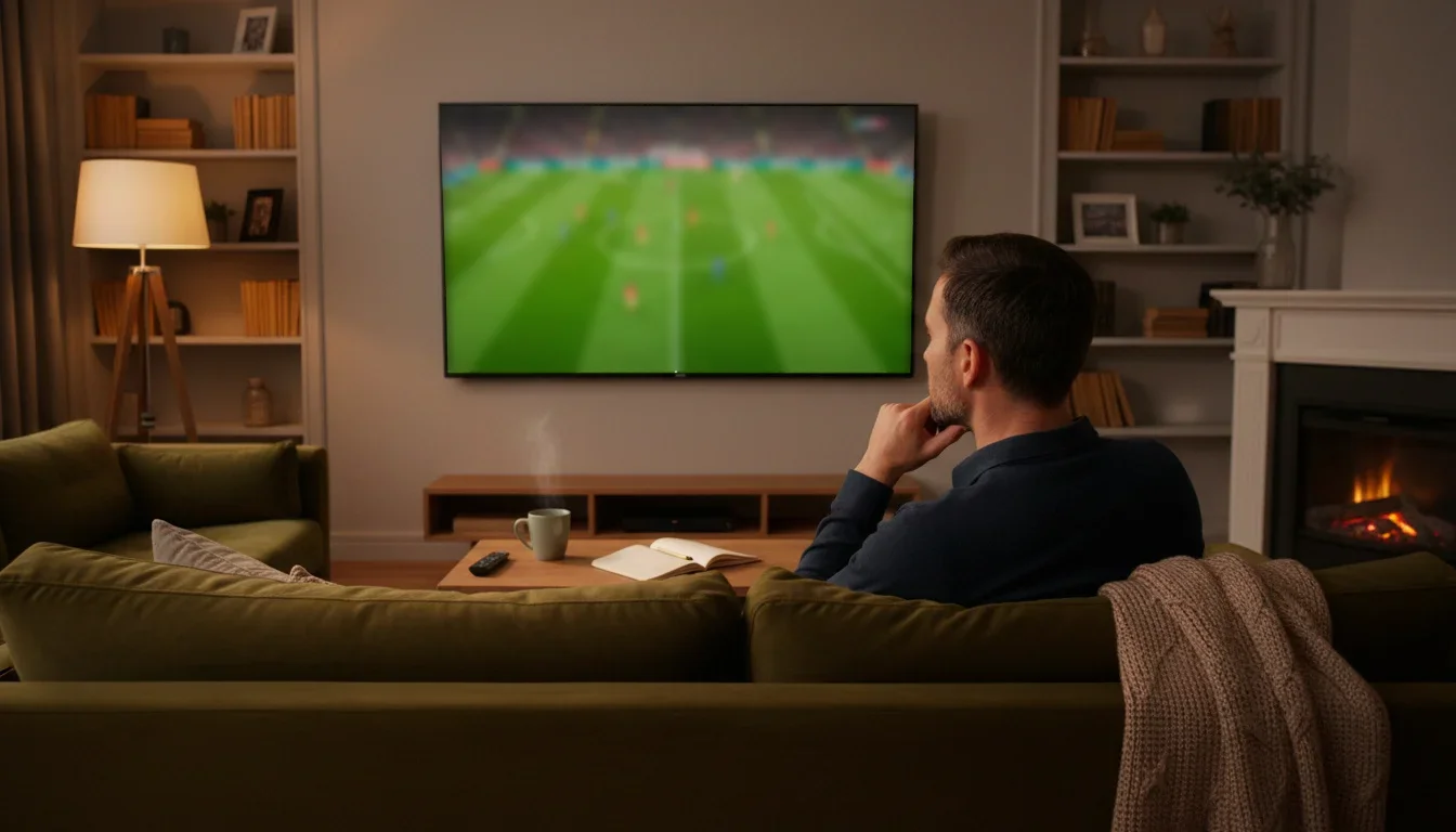 Pessoa pensativa a ver um jogo de futebol na televisão