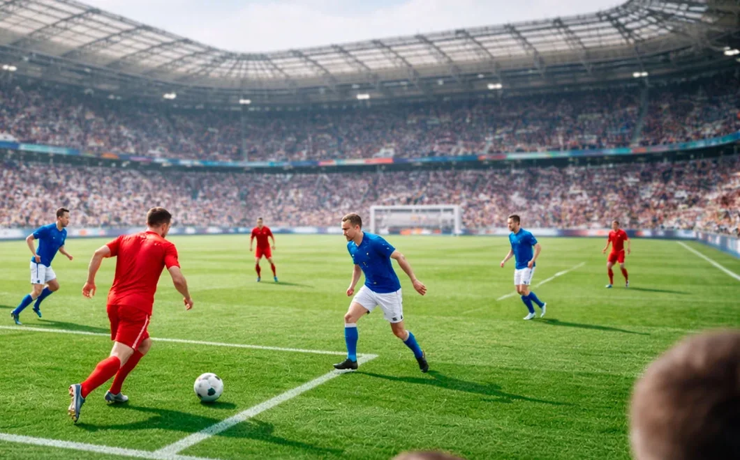 Estádio de futebol visto das bancadas com campo de relva verde e jogadores em ação