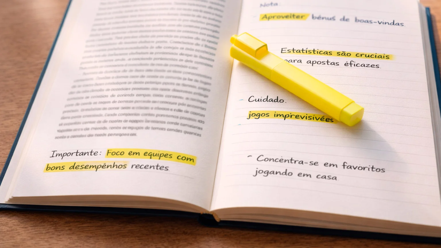 Livro aberto sobre uma secretária com apontamentos e um marcador de texto