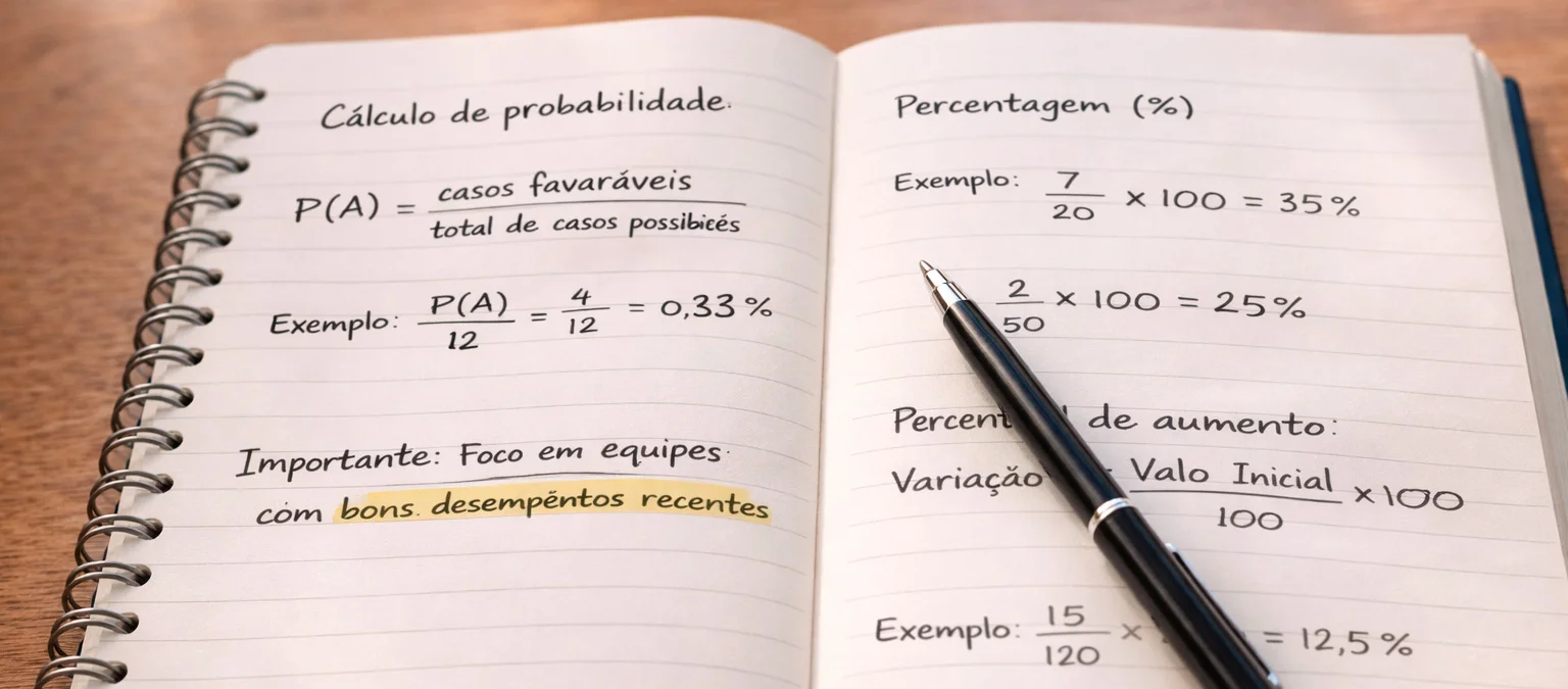 Caderno com fórmulas e cálculos escritos à mão junto a uma caneta sobre uma secretária