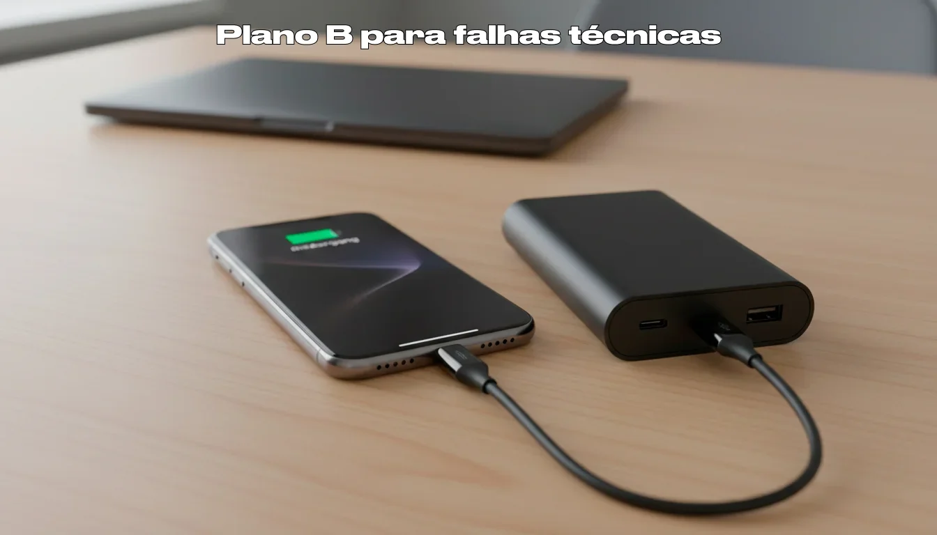 Smartphone a carregar num powerbank portátil sobre uma mesa junto a um portátil