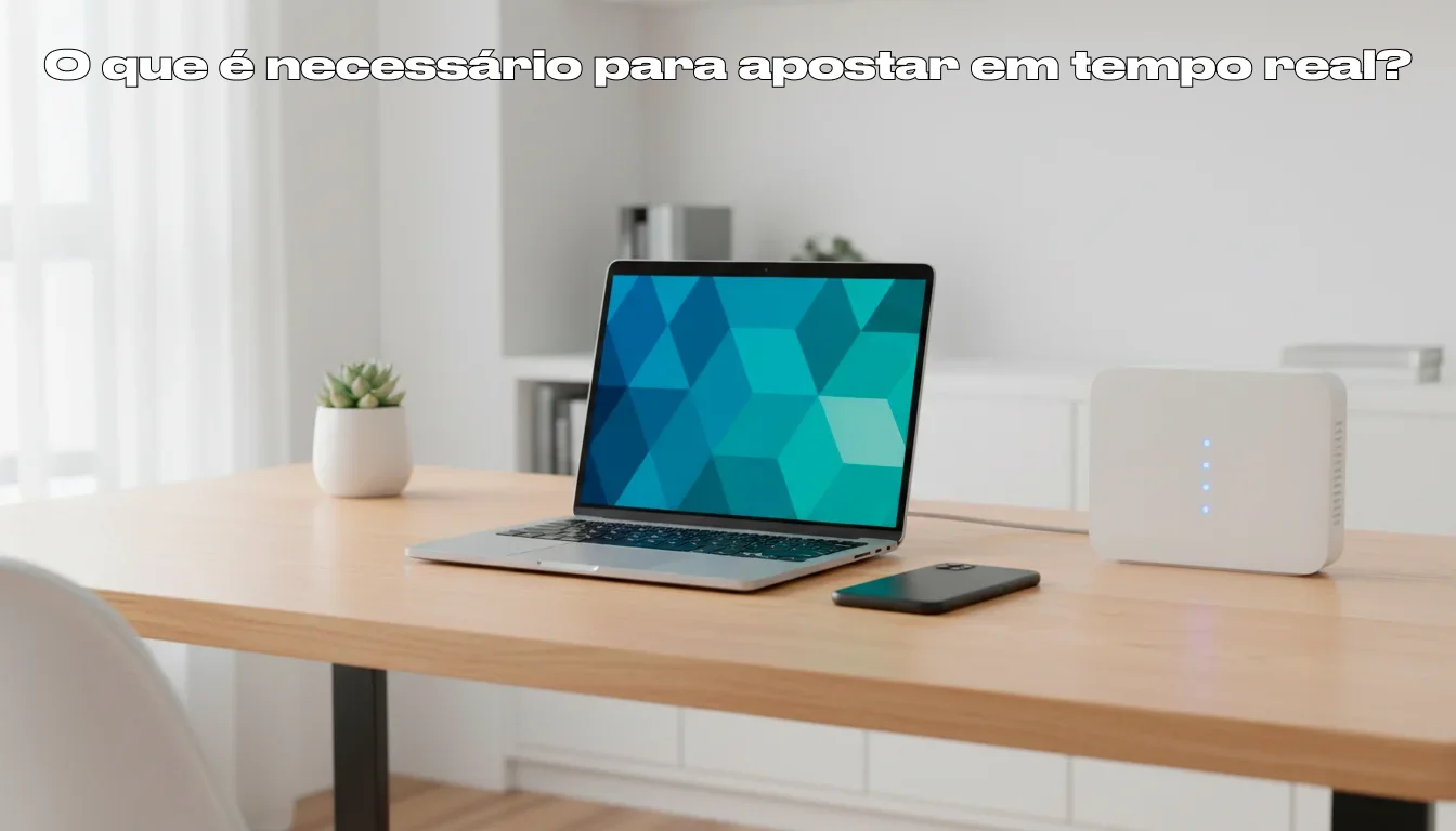 Secretária organizada com portátil, smartphone e router de internet com luzes acesas