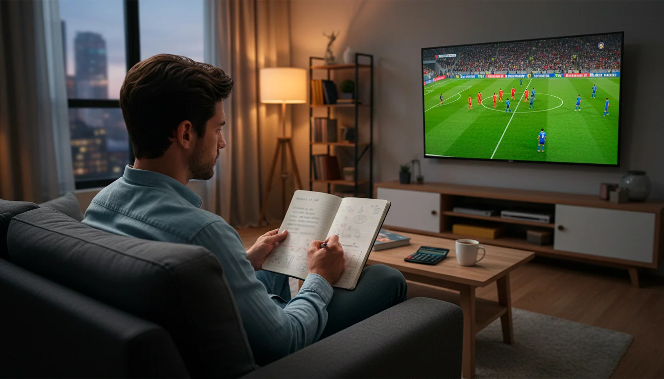 Pessoa a tomar notas num caderno enquanto observa um jogo de futebol na televisão