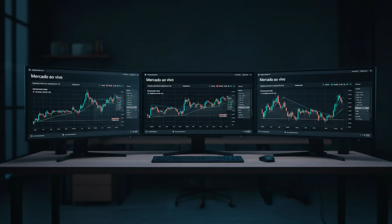 Múltiplos ecrãs de computador mostrando gráficos e dados em tempo real numa secretária