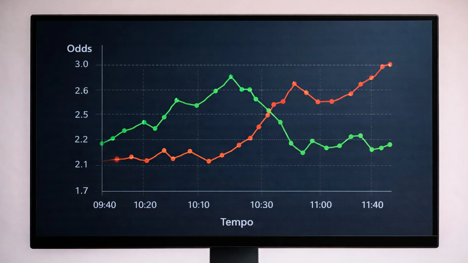 Ecrã de computador mostrando gráfico de linha com movimentos de odds em tempo real