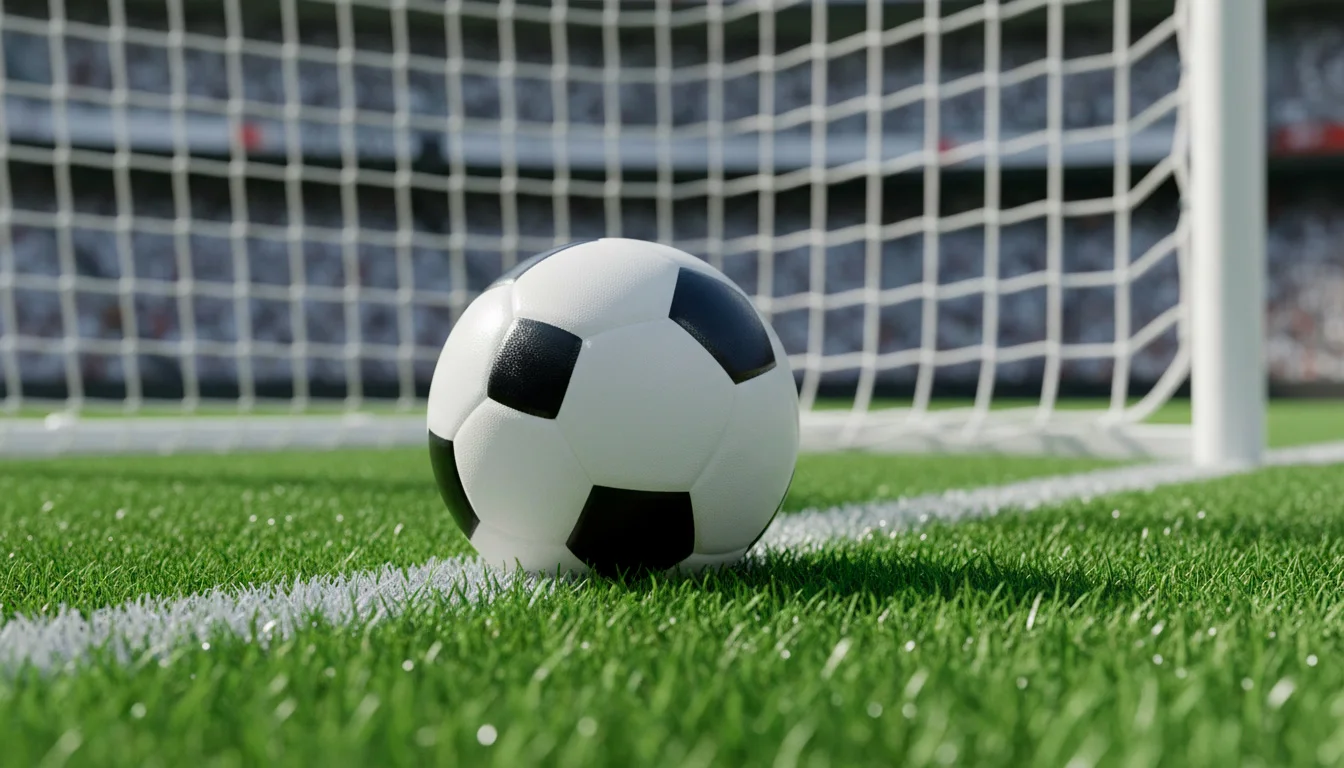 Bola de futebol junto à rede da baliza num campo relvado