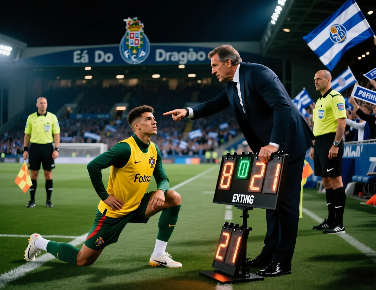 Jogador de futebol aquecendo na linha lateral pronto para substituição
