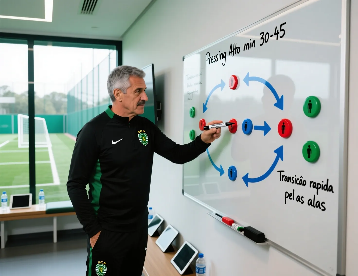 Treinador de futebol profissional analisando formação táctica no quadro