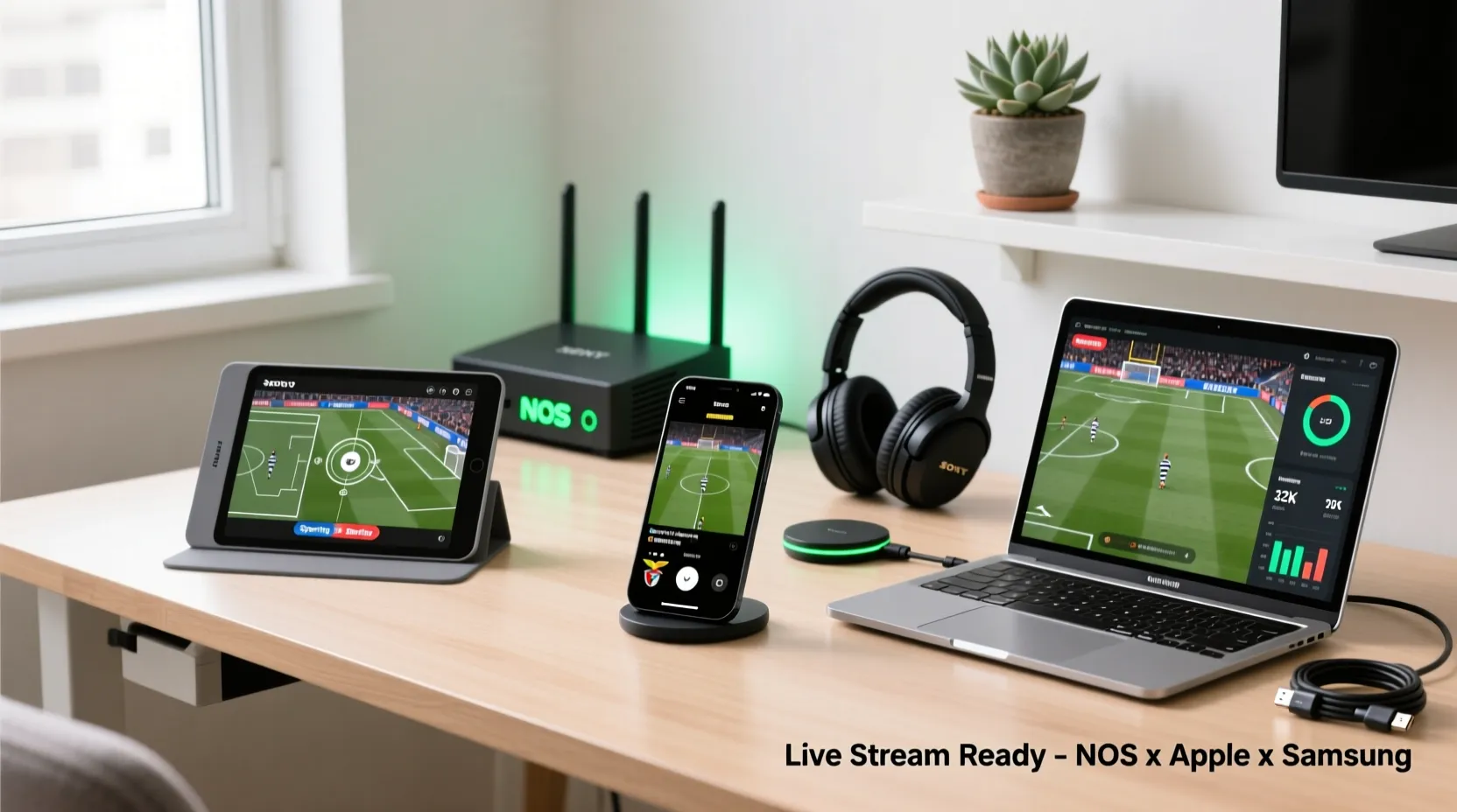 Configuração tecnológica moderna com múltiplos dispositivos mostrando streaming de futebol