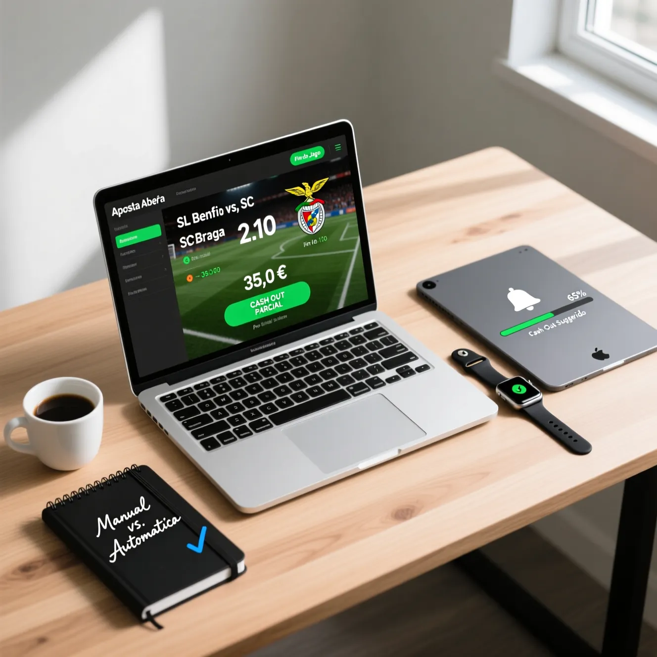 Mesa com laptop, tablet e smartwatch mostrando diferentes opções de cash out